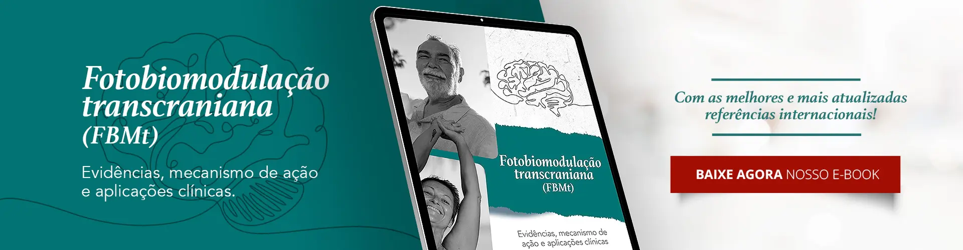 Banner com uma imagem cerebral estilizada e o texto A Luz que Protege o Cérebro.